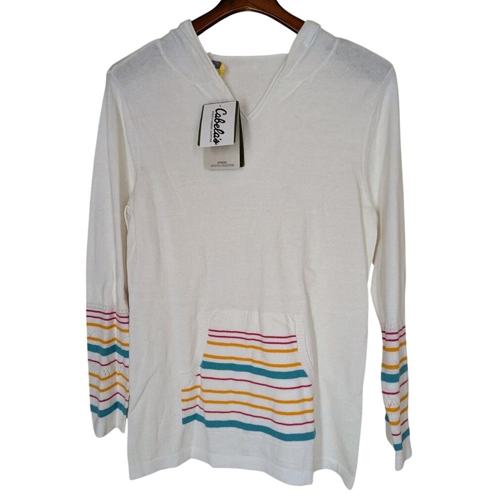 Cabelas Womens Sweater Medium Hood Long Sleeve Ivory Rainbow Stripes Eyelets NWT